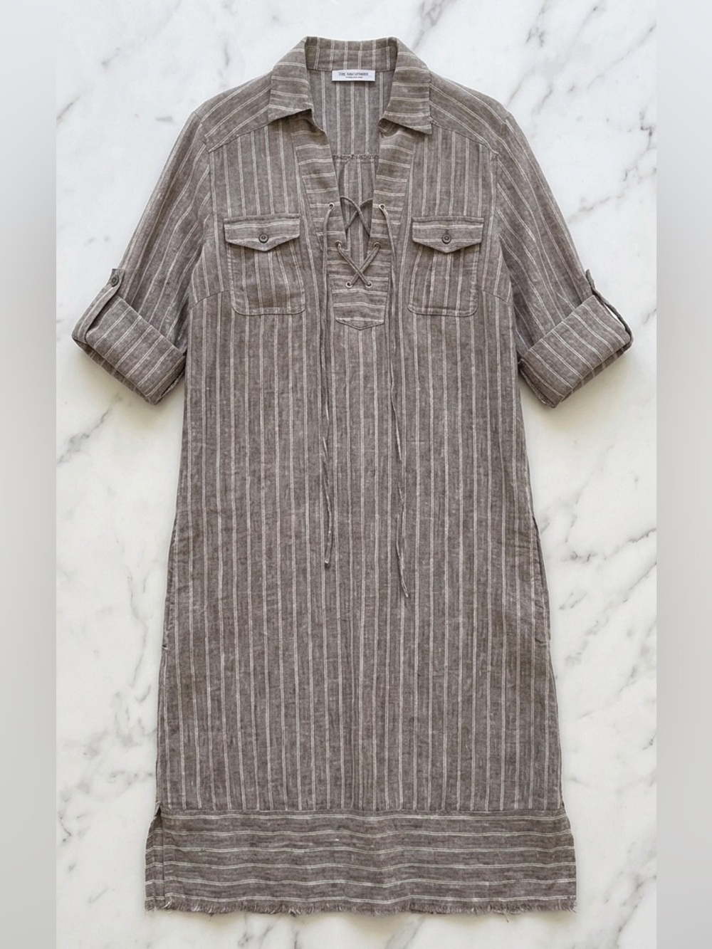 Tommy Bahama Linen Taupe & White Striped Lace-Up Midi Shirt Dress
